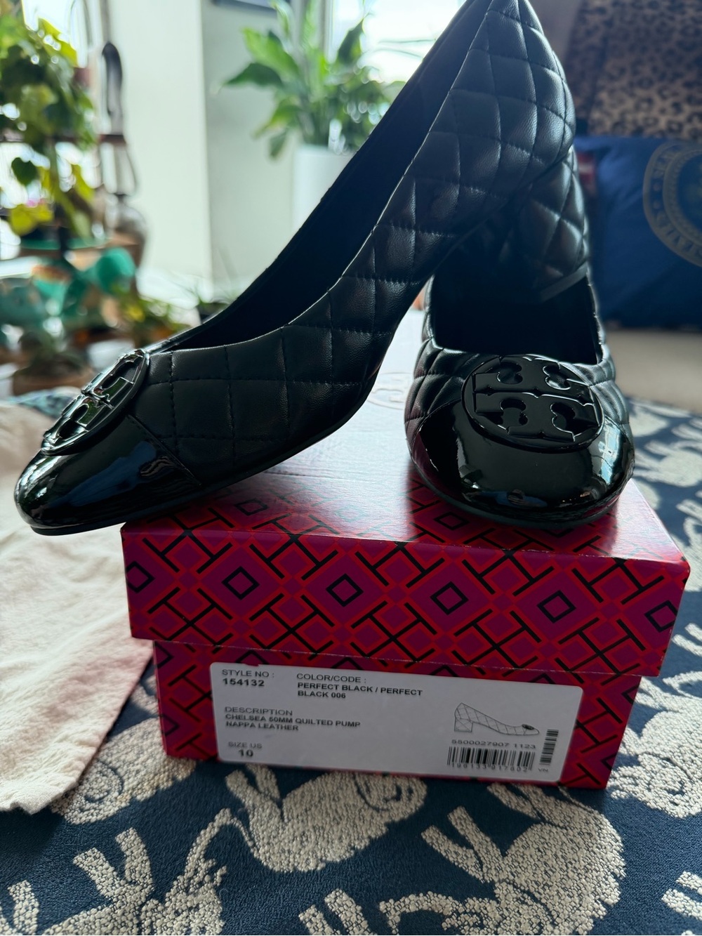 NWT, Tory Burch Black Quilted Patent Toe Block Heel Pump, 10
